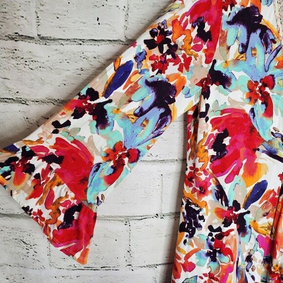 LOGO by Lori Goldstein Print Multi Color Rayon Cardigan Lace & Ruffles Womens S - Picture 4 of 8